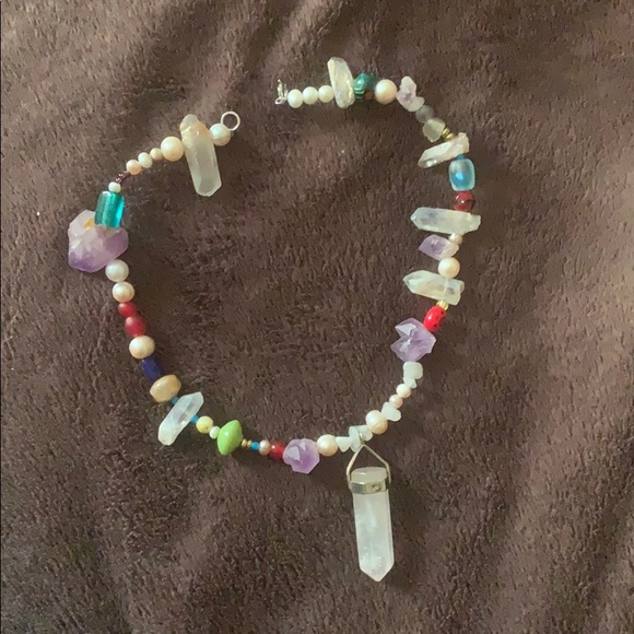 Chunky Gem necklace with rose quartz pendant. - Picture 1 of 5